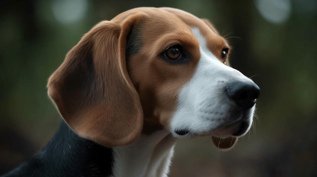 A dog with a black nose and a white face is looking to the left.