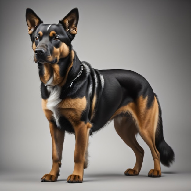 A dog with a black and tan coat and a white collar.