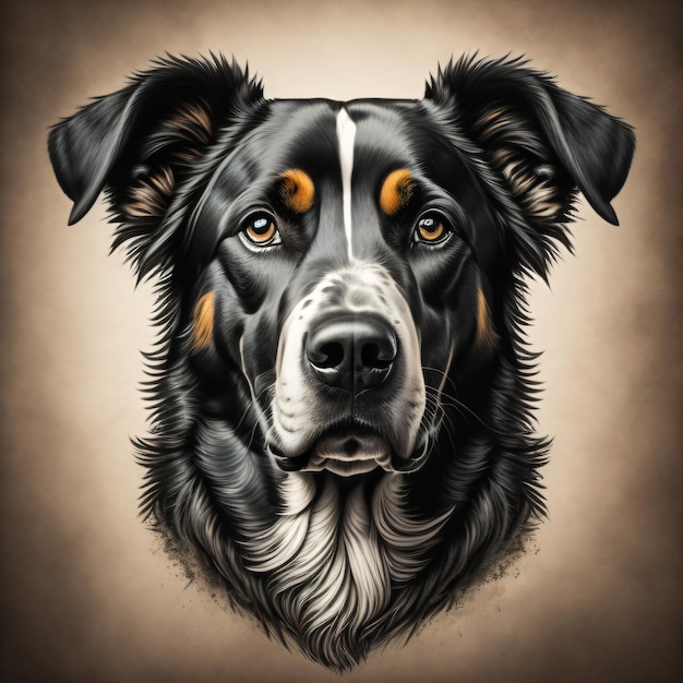 A dog with a black and white face and a brown background.