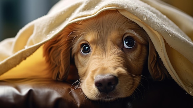 a dog with a blanket on its head