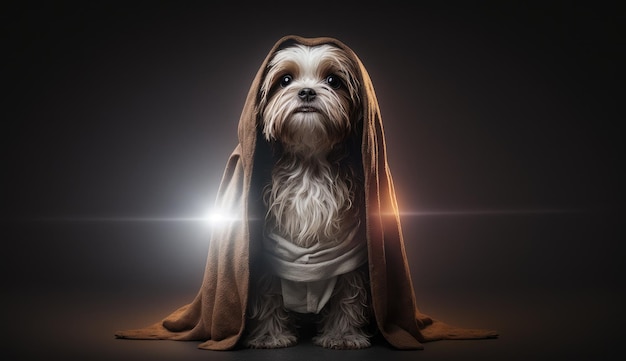 A dog with a blanket that says star wars on it