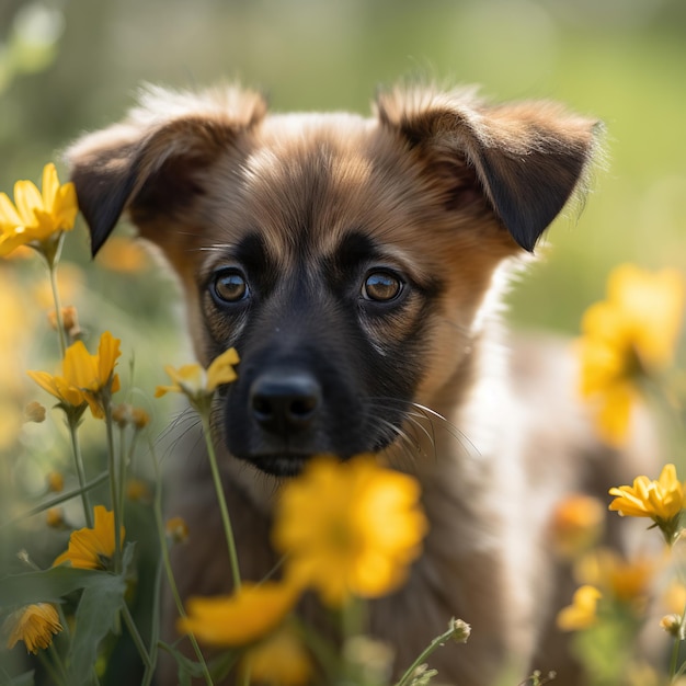 Dog with blooming flowers