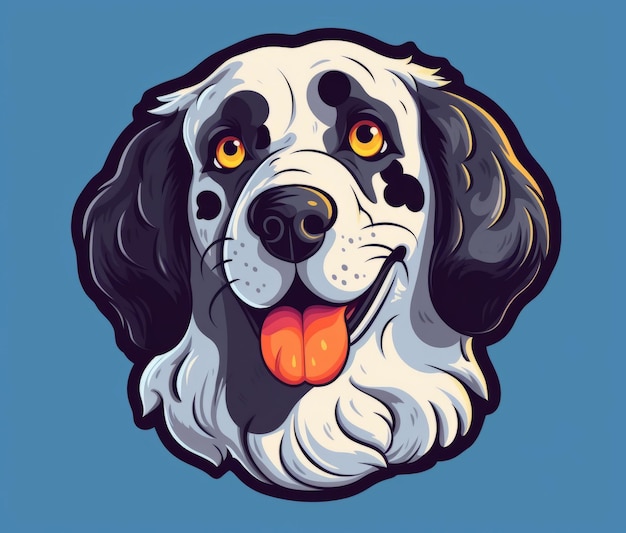 A dog with a blue background and a black and white face with a yellow eye.