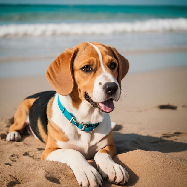 A dog with a blue collar that says " the beagle " on it.