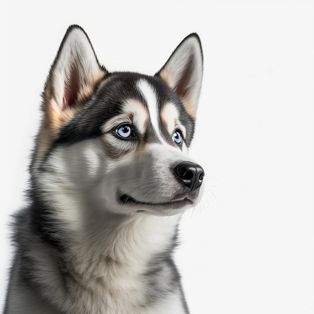 A dog with blue eyes and a black nose.