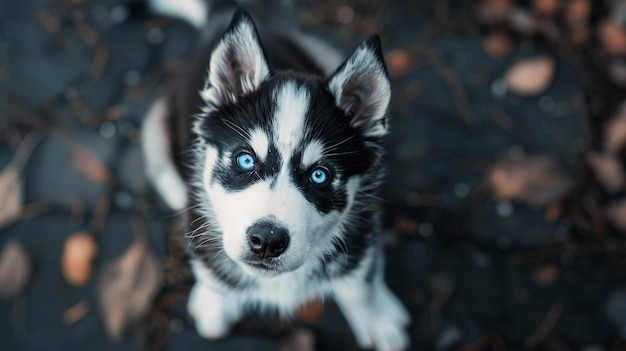 a dog with blue eyes and a black and white face is looking at the camera