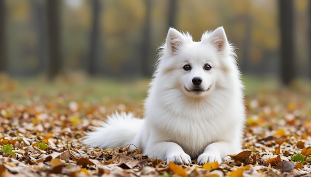 a dog with blue eyes sits in a park with leaves