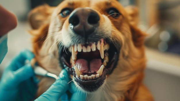 a dog with a blue glove is being held up by a person holding a blue gloved hand