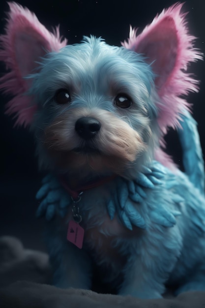 A dog with blue and pink fur and a pink tail