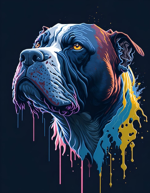 A dog with a blue and yellow face and the word boxer on it.