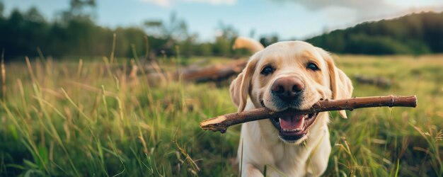 a dog with a bone in its mouth is chewing on a stick