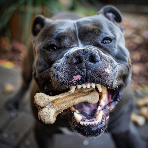 a dog with a bone in its mouth