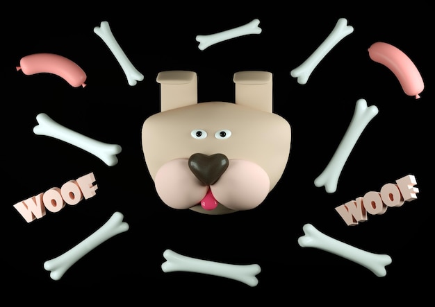 Dog with a bone and sausage 3d render illustration