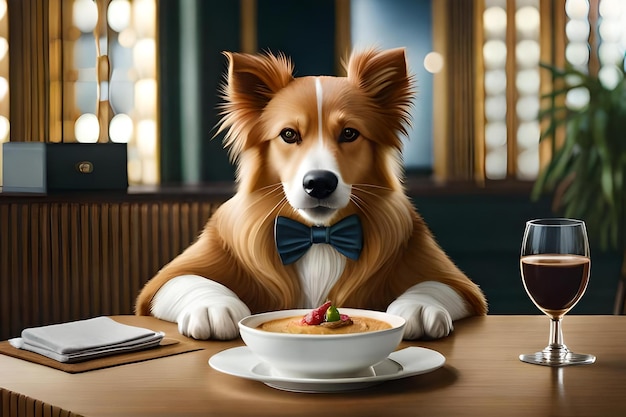 A dog with a bow tie sits in front of a bowl of food with a bowl of cereal.