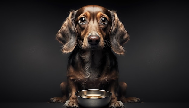 A dog with a bowl of food in front of it