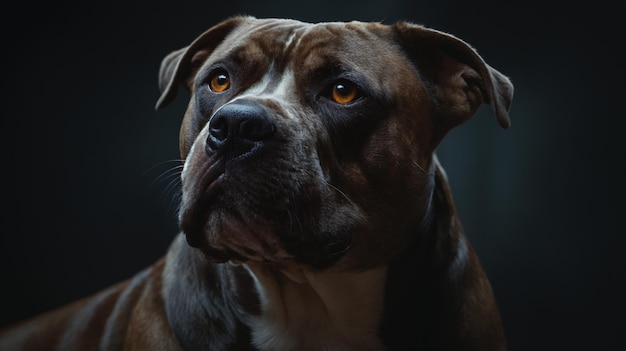 a dog with brown eyes and a black background