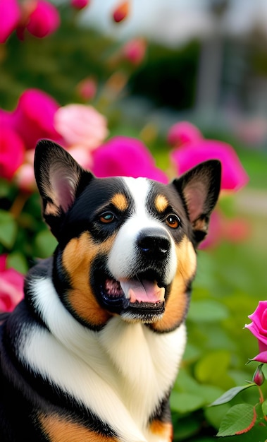 A dog with brown eyes and a black nose sits in front of a field of roses.