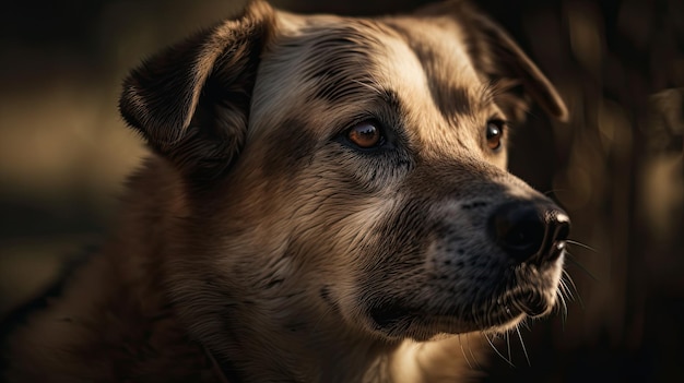 A dog with a brown face and black eyes is in the dark