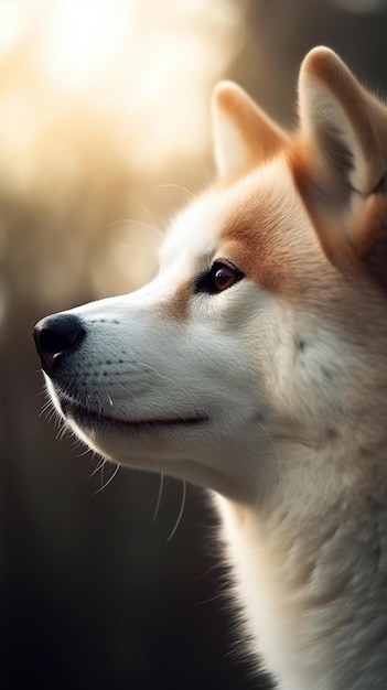 A dog with a brown face and black eyes is looking up at the camera.