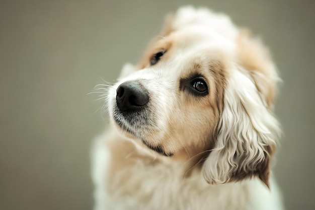 A dog with a brown and white coat is looking up.