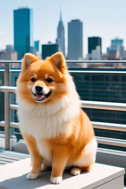 A dog with a city in the background