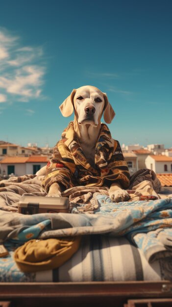 A dog with clothes is lying on the roof traveling at the beach