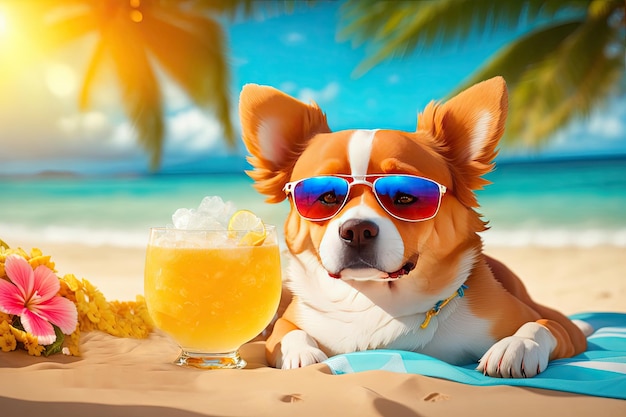 Dog with coctail on summer vacation ai generative