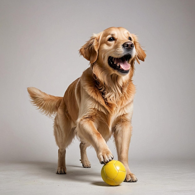 a dog with a collar on and a ball that says  happy dog