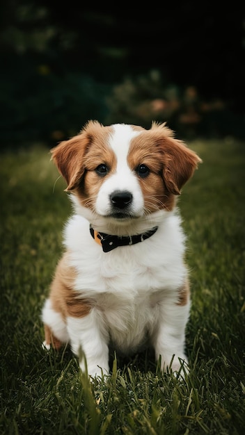 a dog with a collar on the grass