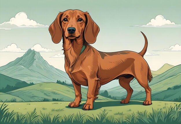 a dog with a collar standing in a field with mountains in the background