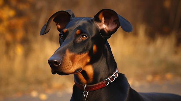 A dog with a collar that says doberman on it