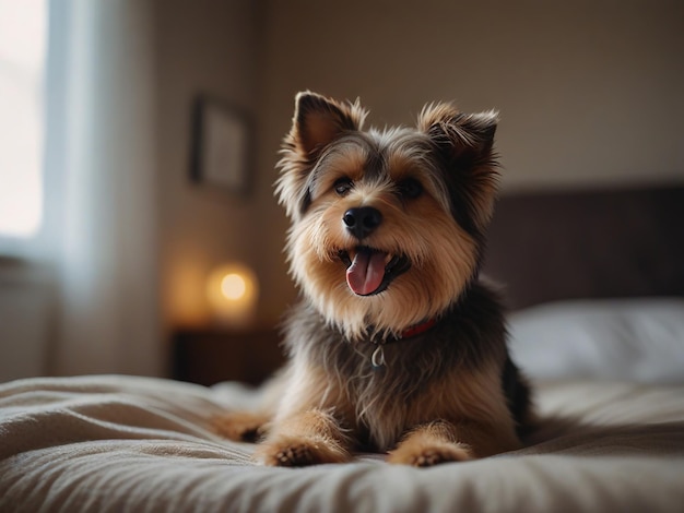 a dog with a collar that says happy on the bed