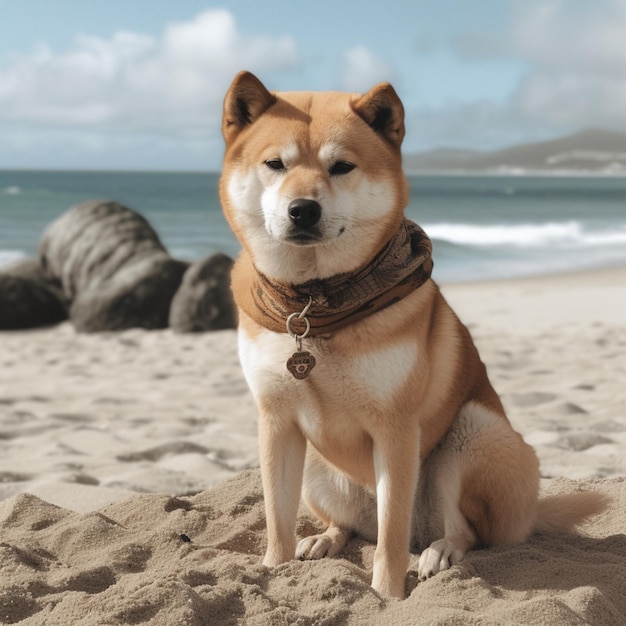 A dog with a collar that says " shiba inu " on it.