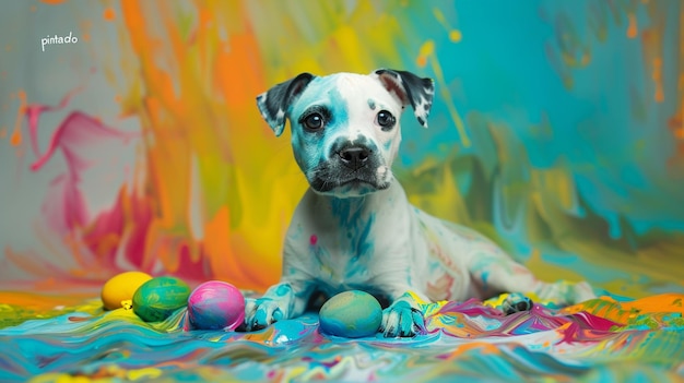 a dog with a colorful face and eggs in the background