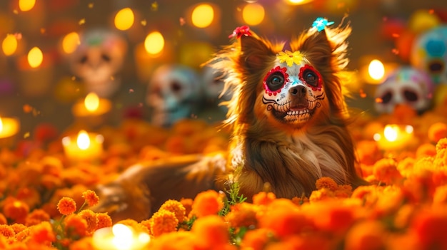 Photo dog with colorful sugar skull face paint canine with festive day of the dead mask concept of celebration halloween cultural tradition pet costume dia de los muertos makeup celebration