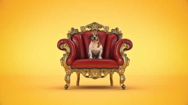 Dog with crown in a chair. 3d rendering