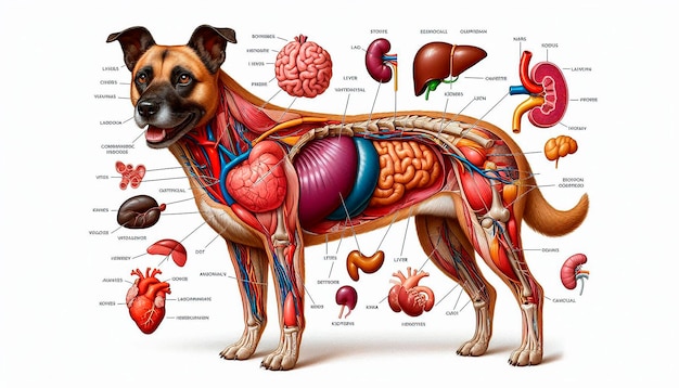 Photo a dog with a diagram of a human body and the word human anatomy