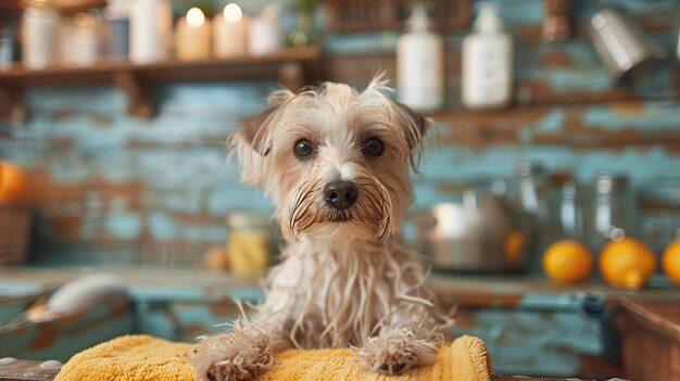 a dog with a dirty face sits on a yellow towel