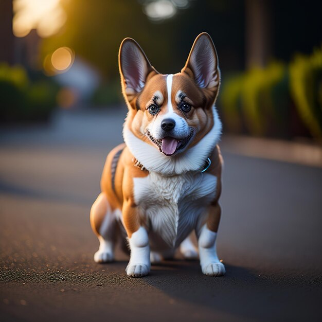 A dog with a fake fur on its face is standing on a road.