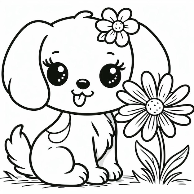 Dog with flower coloring page for children ai generated