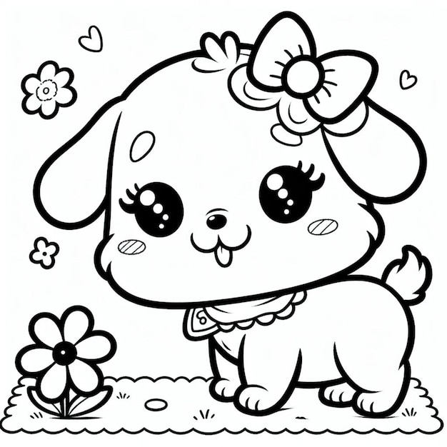 Dog with flower coloring page for children ai generated