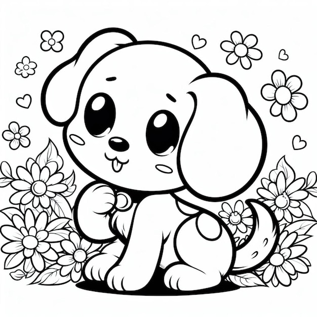 Dog with flower coloring page for children ai generated