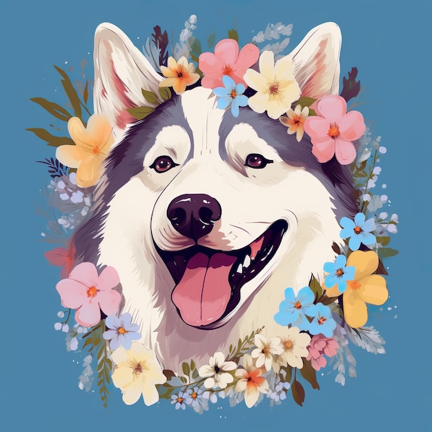 A dog with a flower crown on his head floral illustration Ai generated