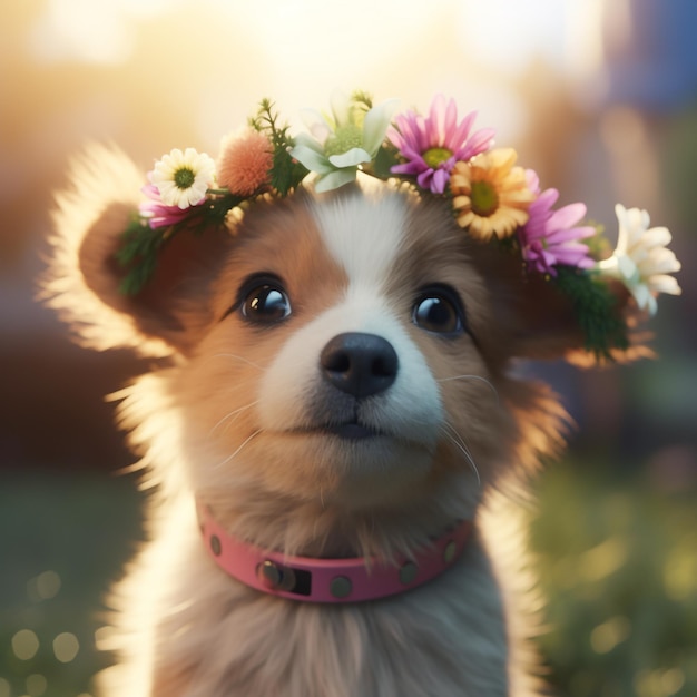 A dog with a flower crown on its head