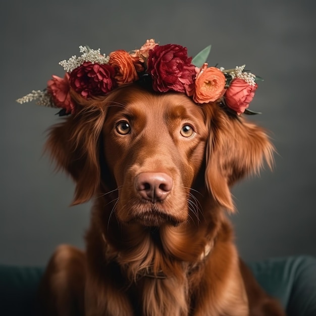 Dog with flower wreath on head Realistic portrait Generative AI