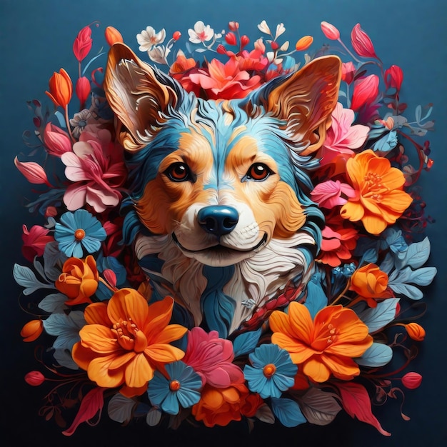 a dog with flowers and a picture of a dog with a blue background