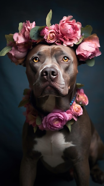 Dog with flowers Portrait of bull Arab dog with flower crown AI Generative