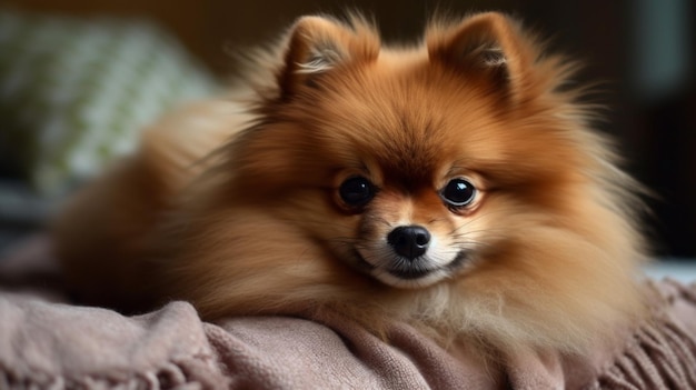 A dog with a fluffy face sits on a bed.