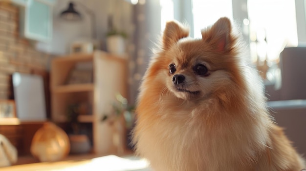 Photo a dog with a fluffy tail sits on a table