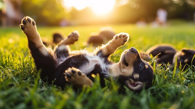 Photo a dog with a funny face is lying on the grass with its paws up